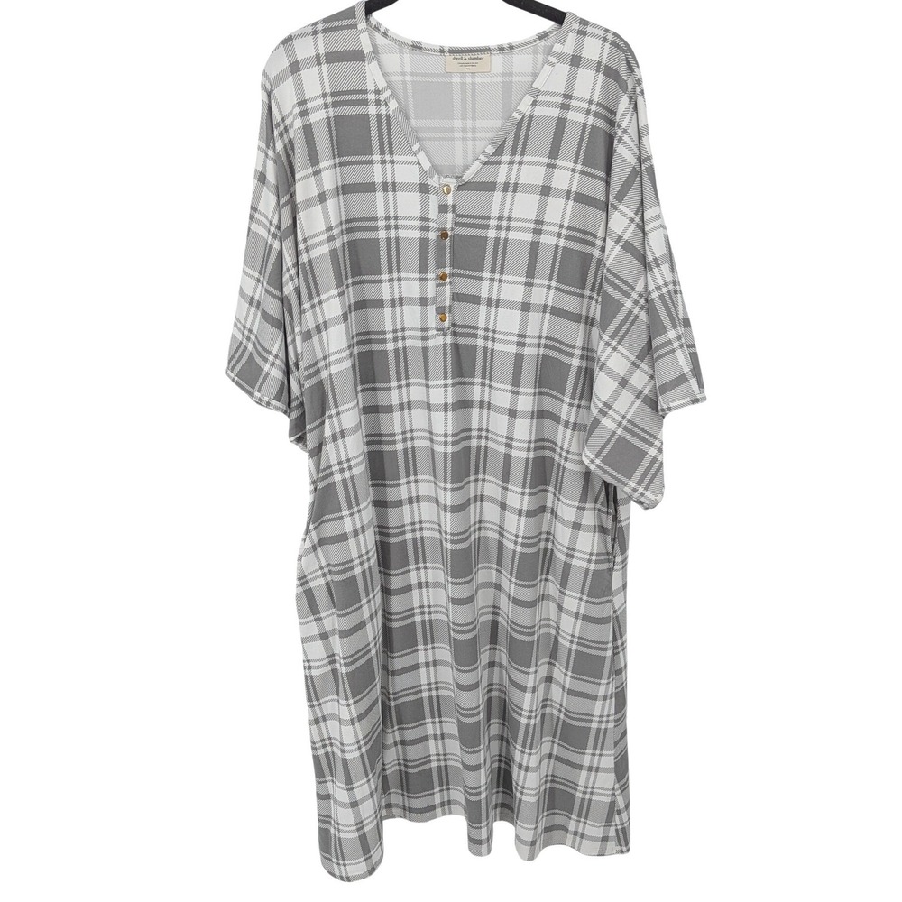 Dwell & Slumber Caftan Pajamas Womens M/L Gray Plaid Henley Pockets Soft Comfort